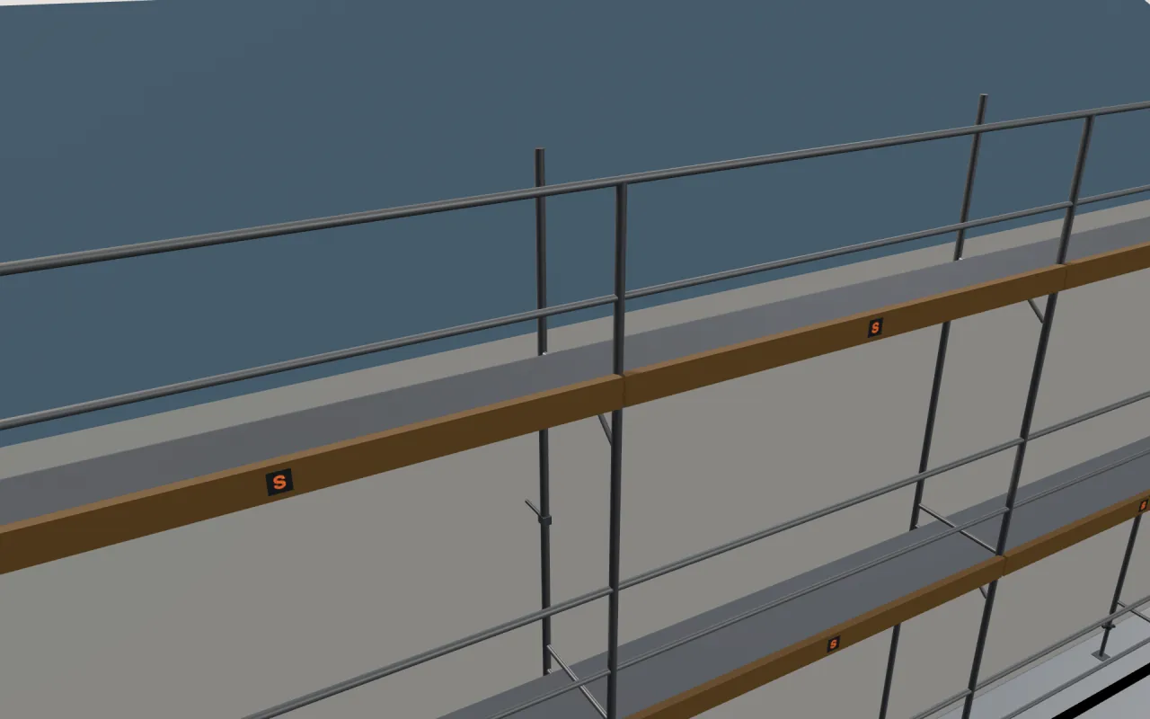 Close-up of the top FERMAR Fer48 lift below the eaves, with guardrails and toe boards, in the ScaFix 3D model