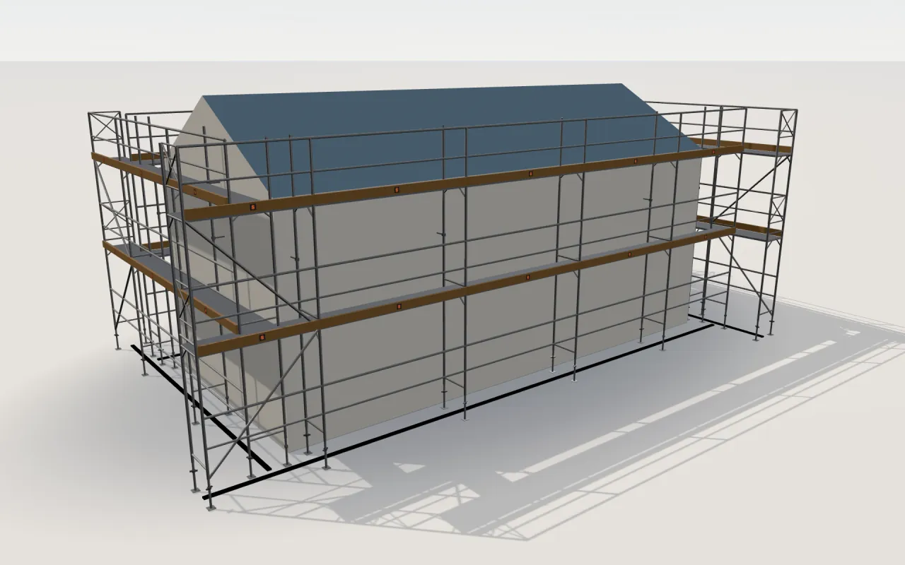Échafaudage Fortal FORTEC autour d'une maison de 11,4 × 5,3 m à toit à deux pans (égout 4,5 m, faîtage 6 m), dessiné par le modèle 3D de ScaFix