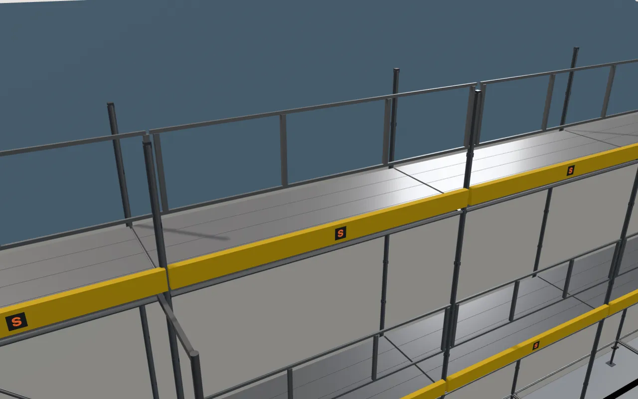 Nærbilde av øverste HAKI Universal-etasje under takfoten, med rekkverk og fotlister, i ScaFix sin 3D-modell