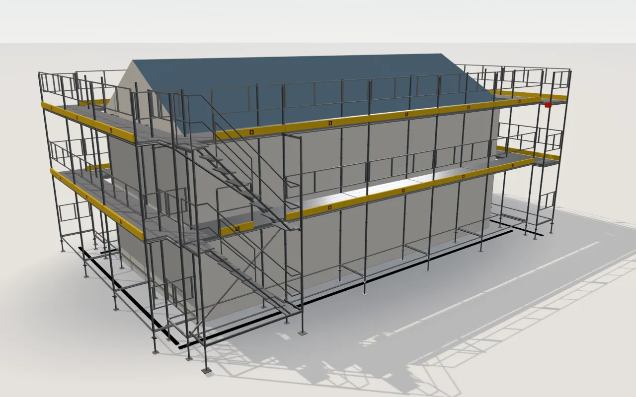 HAKI Universal scaffolding (2.5 m bays, 1.01 m deep) around a house of 11.4 × 5.3 m with a gabled roof (eaves 4.5 m, ridge 6 m), drawn by the ScaFix 3D model
