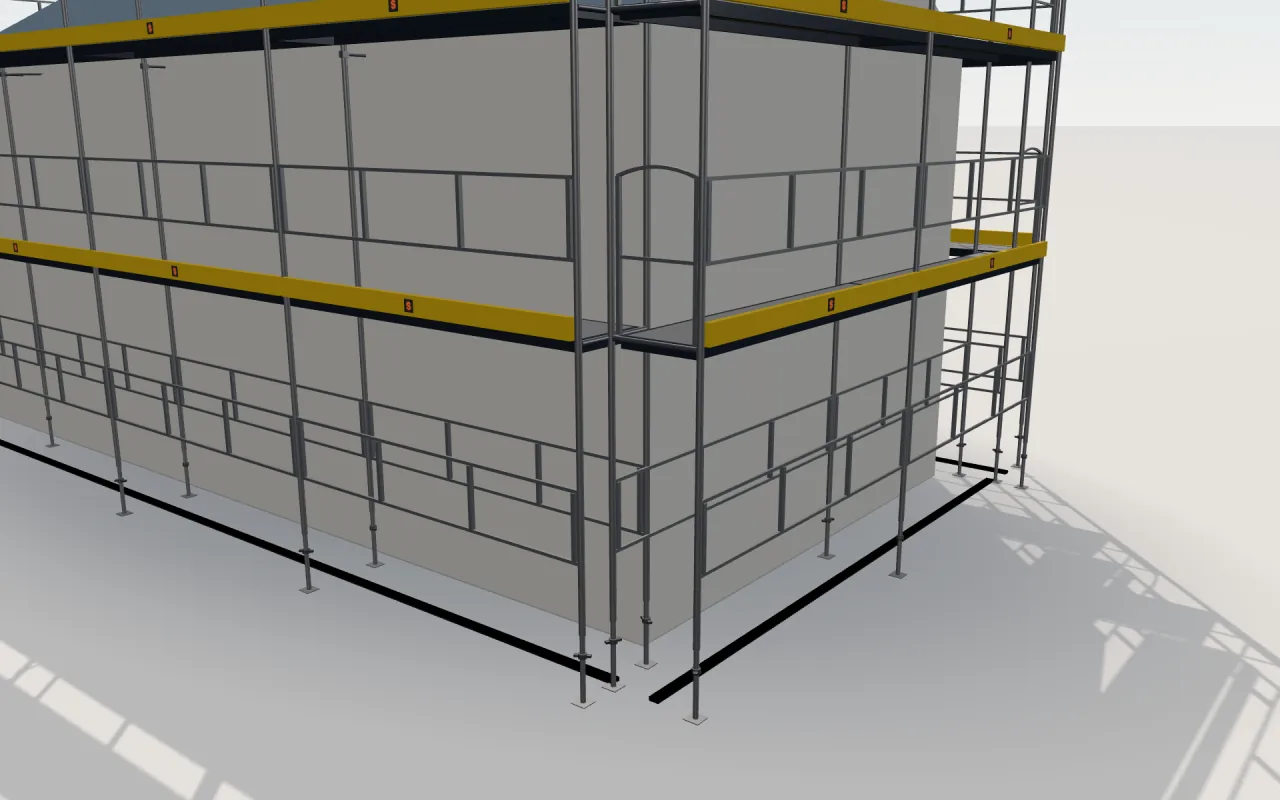 Close-up of the corner where the long wall and the gable wall meet, with HAKI Ram standards, decks, guardrails and toe boards in the ScaFix 3D model
