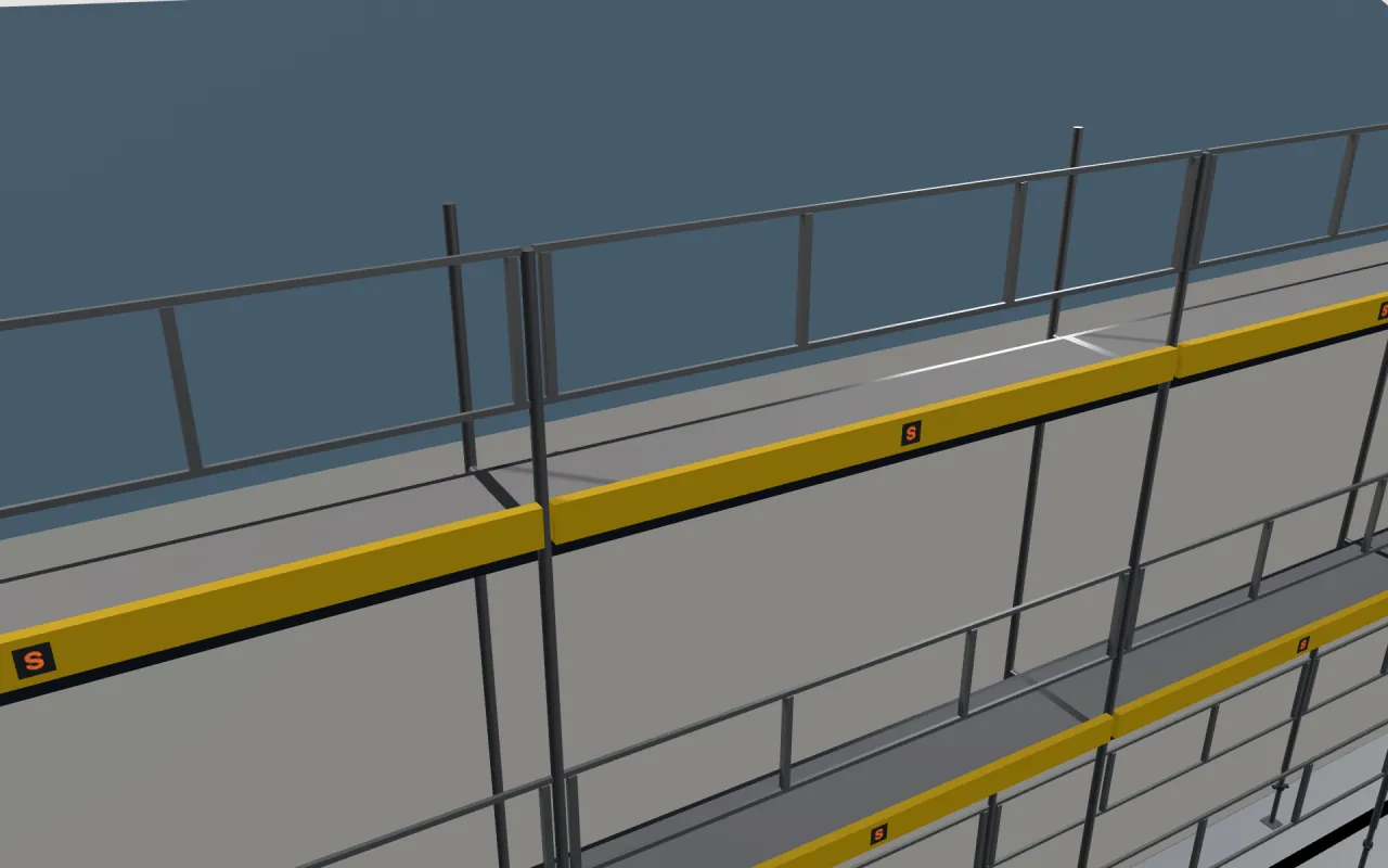 Close-up of the top HAKI Ram lift below the eaves, with guardrails and toe boards, in the ScaFix 3D model