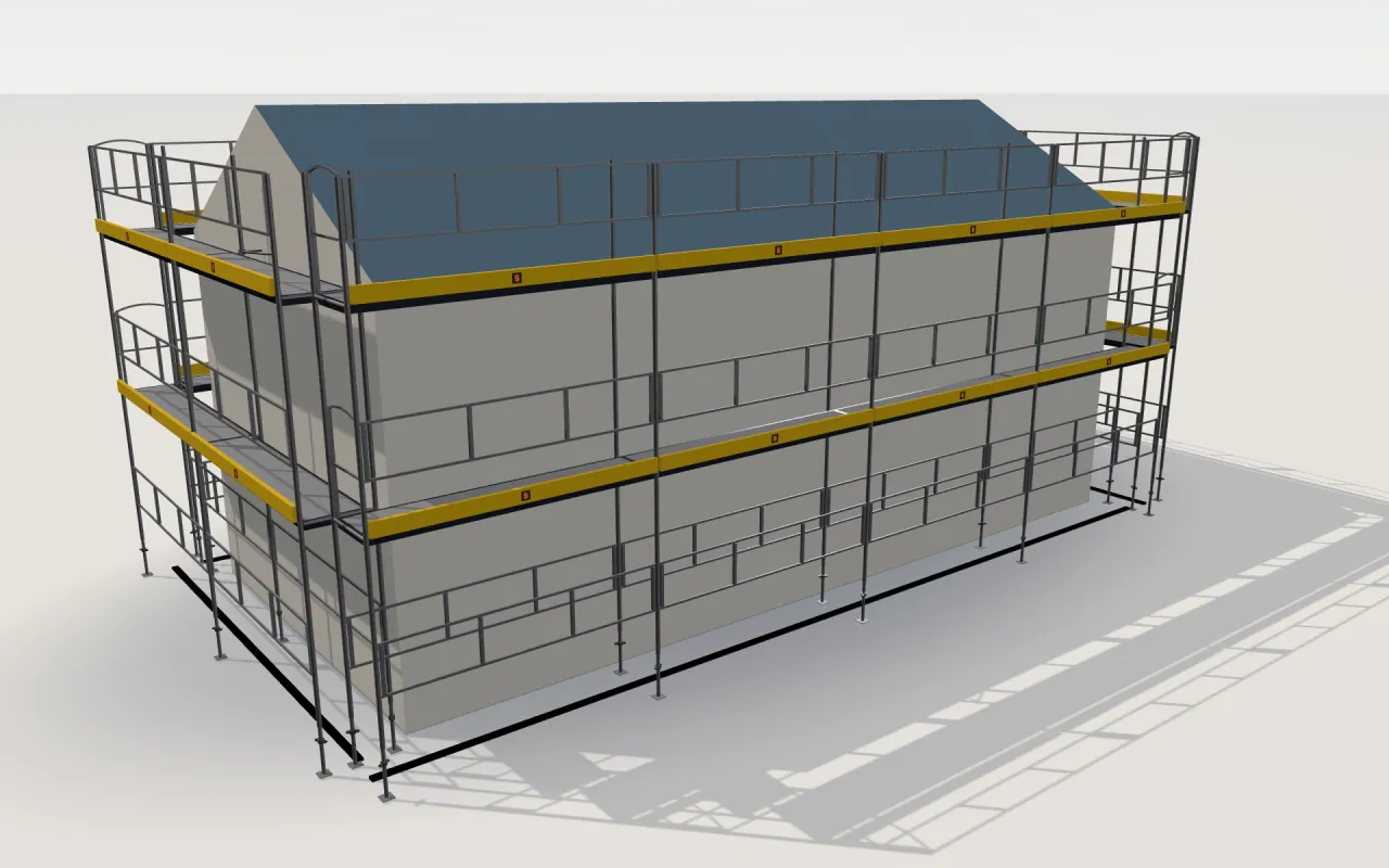 HAKI Ram scaffolding around a house of 11.4 × 5.3 m with a gabled roof (eaves 4.5 m, ridge 6 m), drawn by the ScaFix 3D model