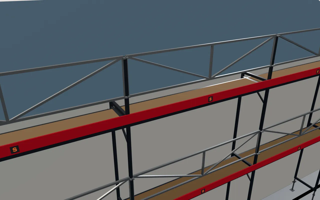 Nærbilde av øverste Jamax-etasje under takfoten, med rekkverk og fotlister, i ScaFix sin 3D-modell