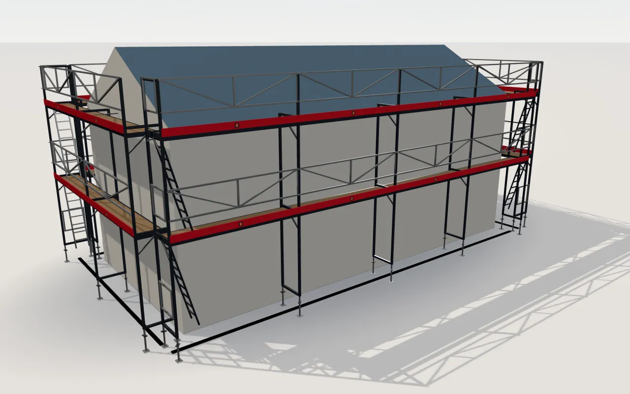 Jamax-stillas rundt et hus på 11,4 × 5,3 m med saltak (gesims 4,5 m, møne 6 m), tegnet av ScaFix sin 3D-modell