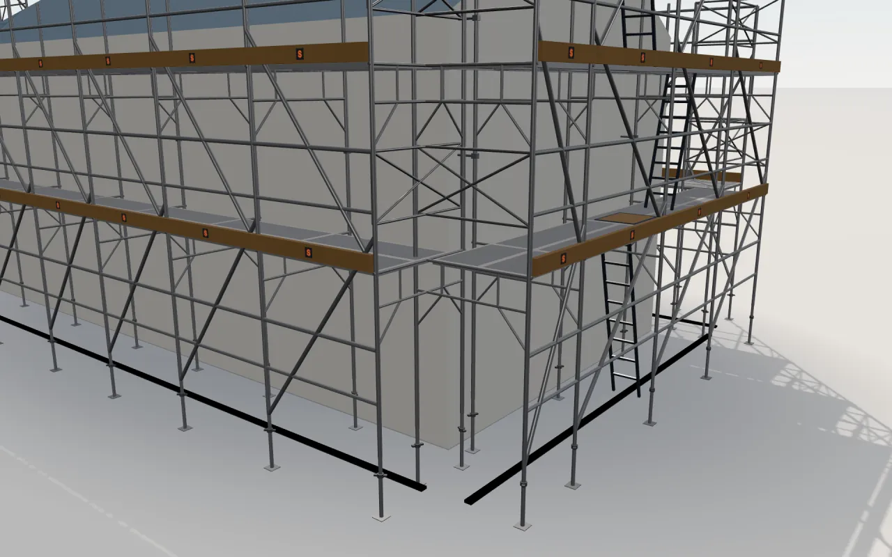 Close-up of the corner where the long wall and the gable wall meet, with Japanese frame scaffold (枠組足場) standards, decks, guardrails and toe boards in the ScaFix 3D model