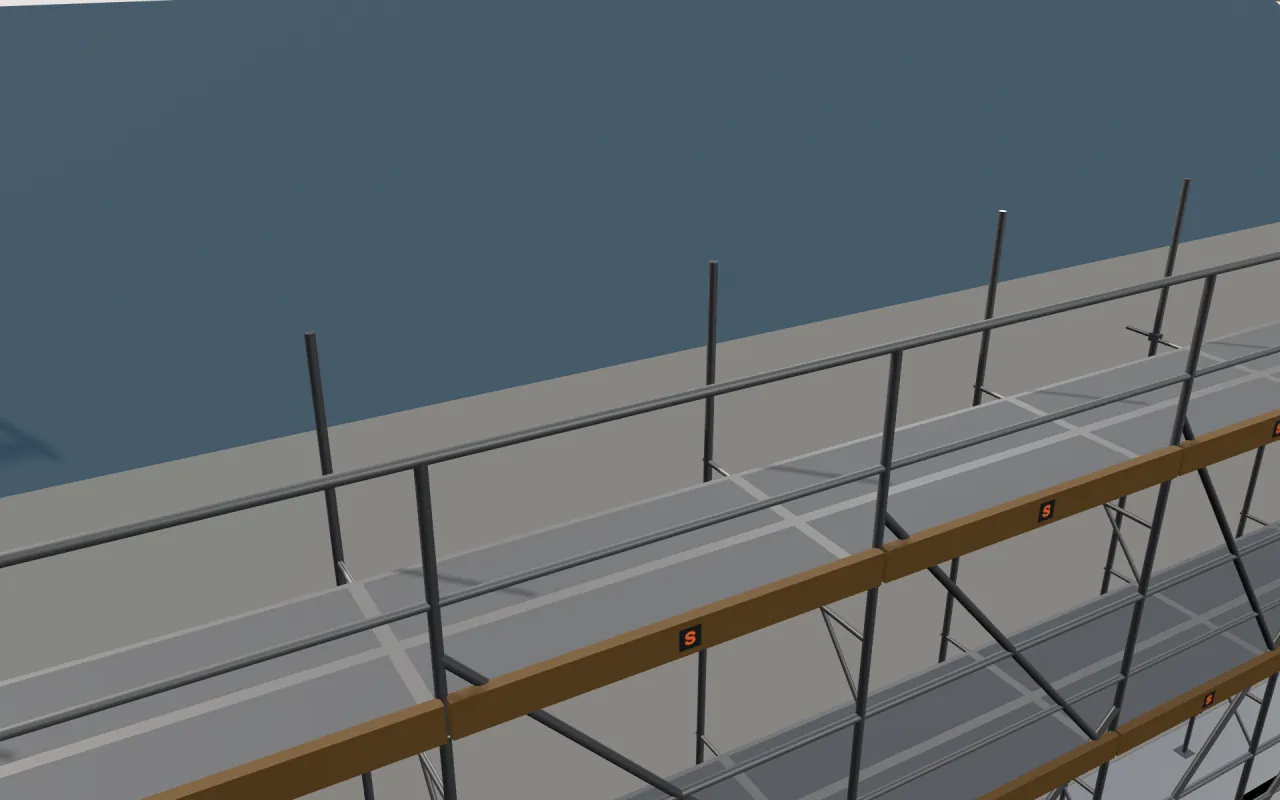 Close-up of the top Japanese frame scaffold (枠組足場) lift below the eaves, with guardrails and toe boards, in the ScaFix 3D model