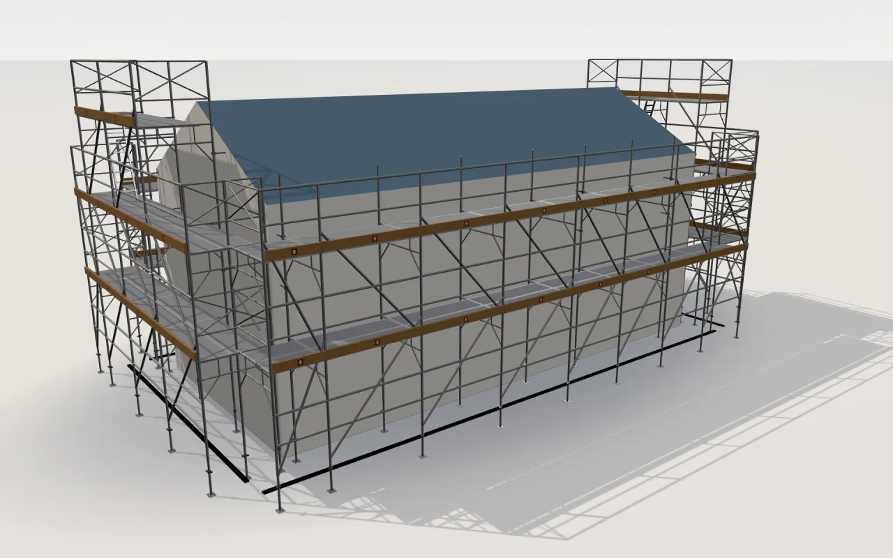Japanese frame scaffold (枠組足場) scaffolding around a house of 11.4 × 5.3 m with a gabled roof (eaves 4.5 m, ridge 6 m), drawn by the ScaFix 3D model