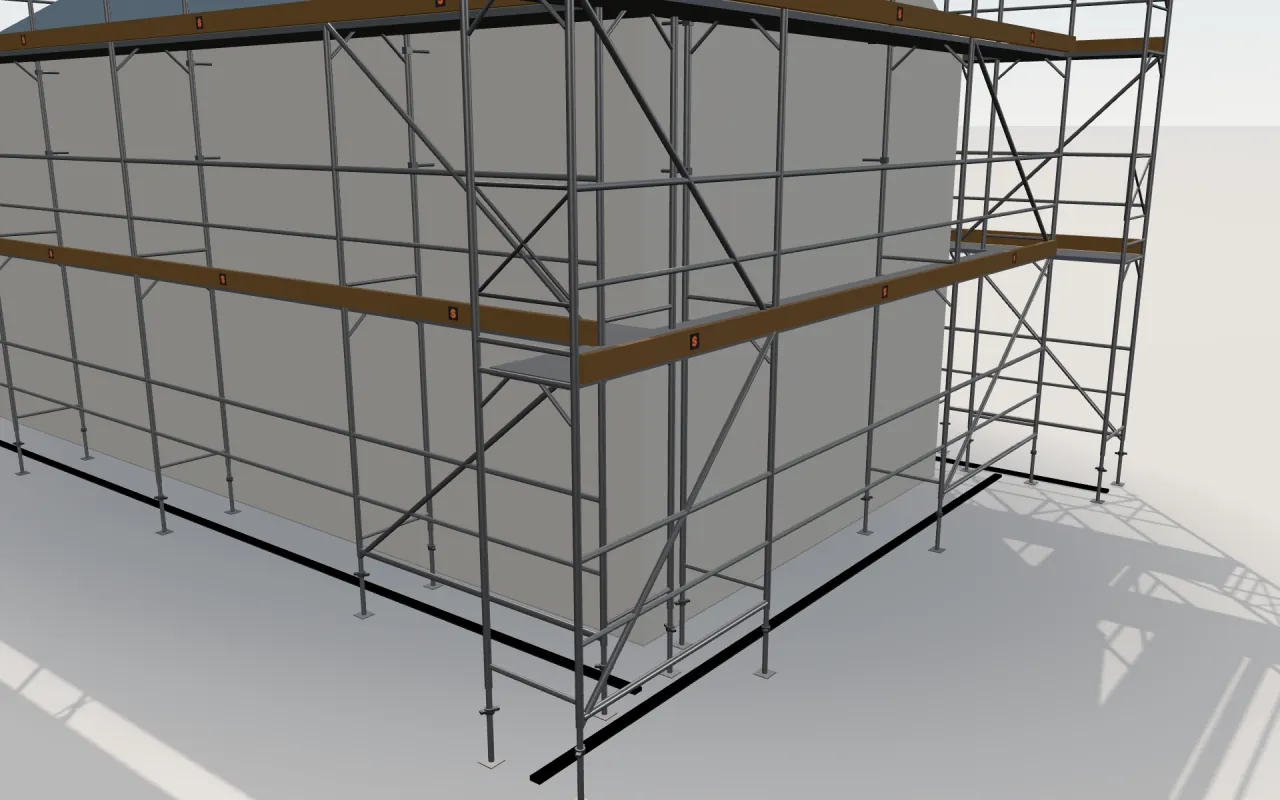 Close-up of the corner where the long wall and the gable wall meet, with JUMBO standards, decks, guardrails and toe boards in the ScaFix 3D model