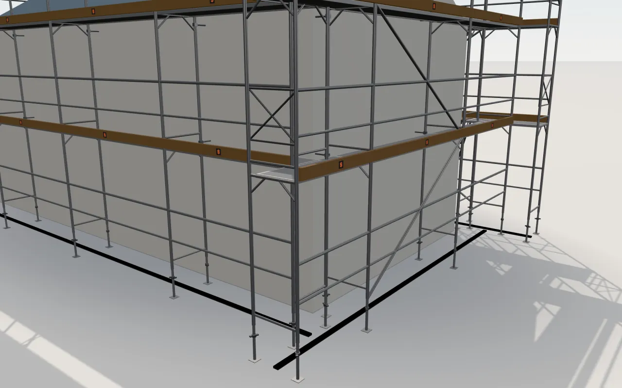 Close-up of the corner where the long wall and the gable wall meet, with KERO RK 073 standards, decks, guardrails and toe boards in the ScaFix 3D model