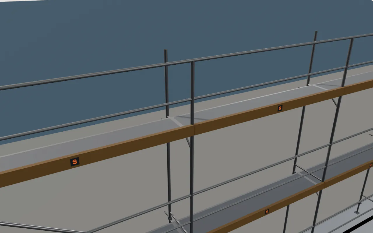 Close-up of the top KERO RK 073 lift below the eaves, with guardrails and toe boards, in the ScaFix 3D model