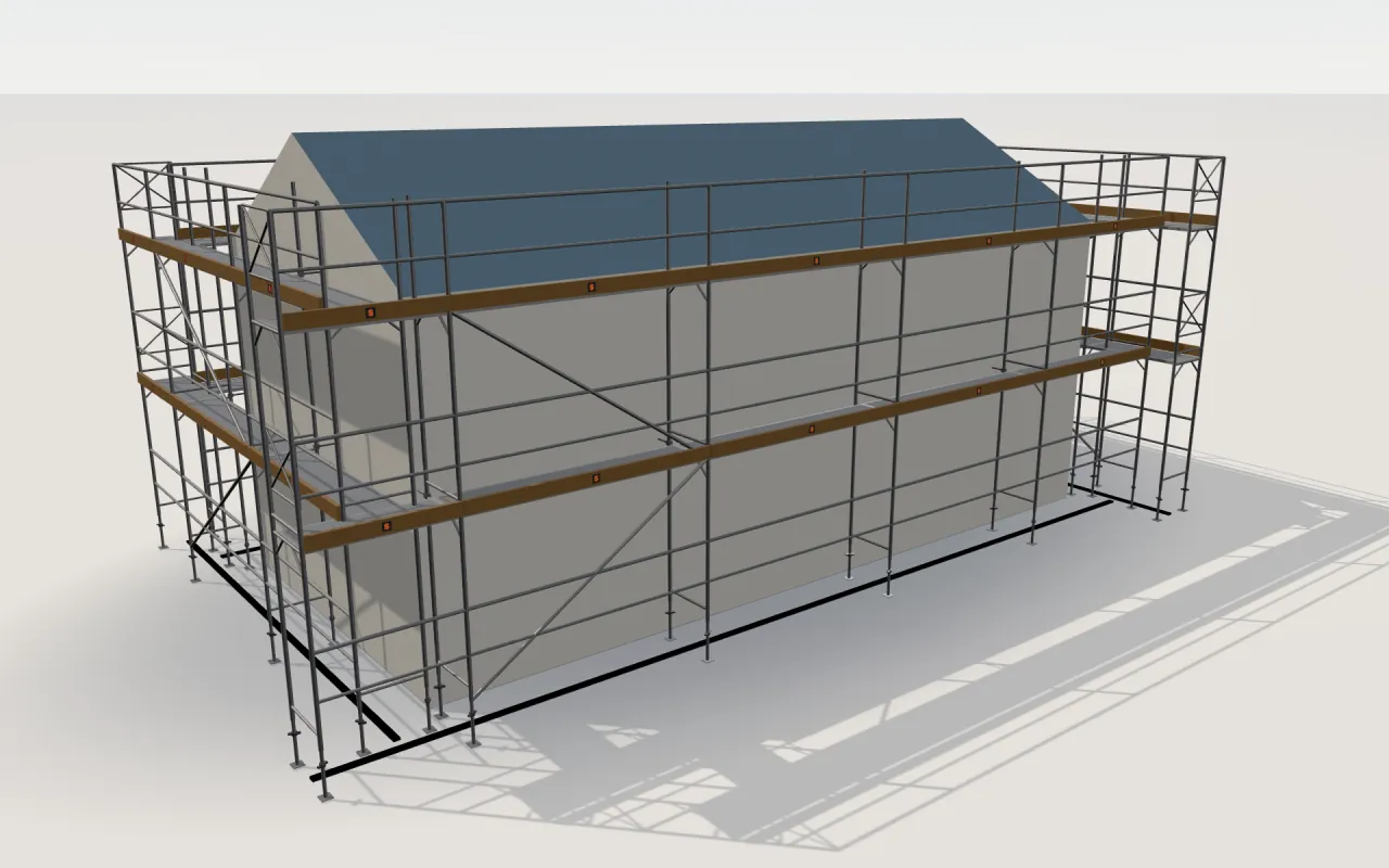 KERO RK 073 scaffolding around a house of 11.4 × 5.3 m with a gabled roof (eaves 4.5 m, ridge 6 m), drawn by the ScaFix 3D model