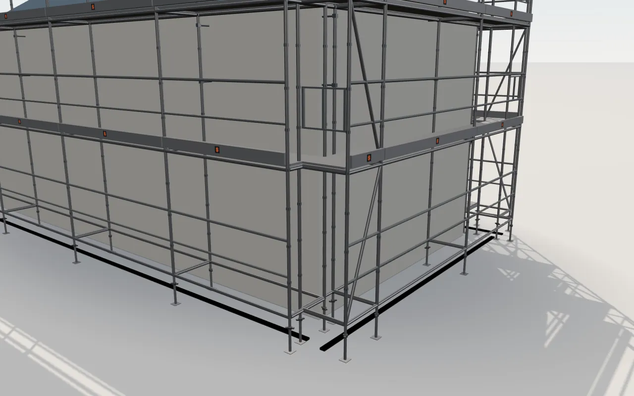 Close-up of the corner where the long wall and the gable wall meet, with Kwikstage standards, decks, guardrails and toe boards in the ScaFix 3D model