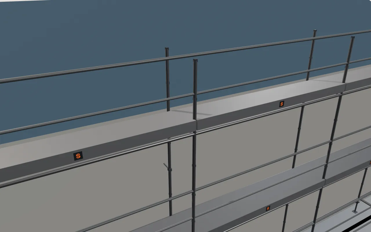 Close-up of the top Kwikstage lift below the eaves, with guardrails and toe boards, in the ScaFix 3D model