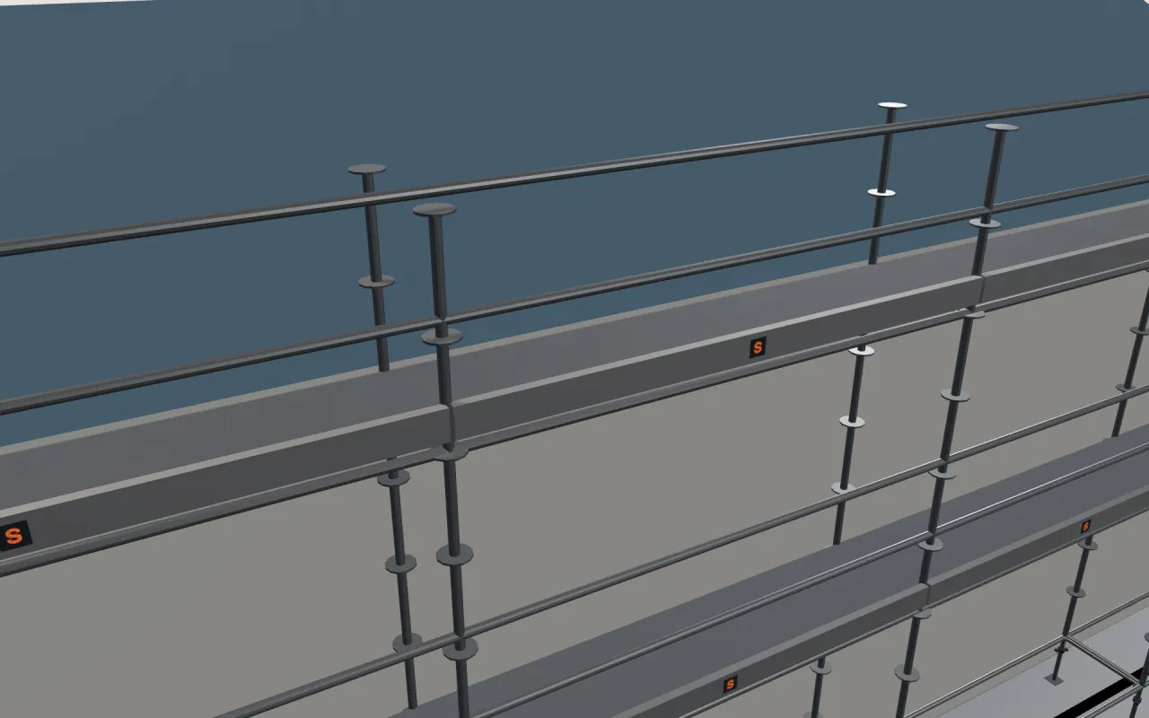 Close-up of the top Layher Allround lift below the eaves, with guardrails and toe boards, in the ScaFix 3D model
