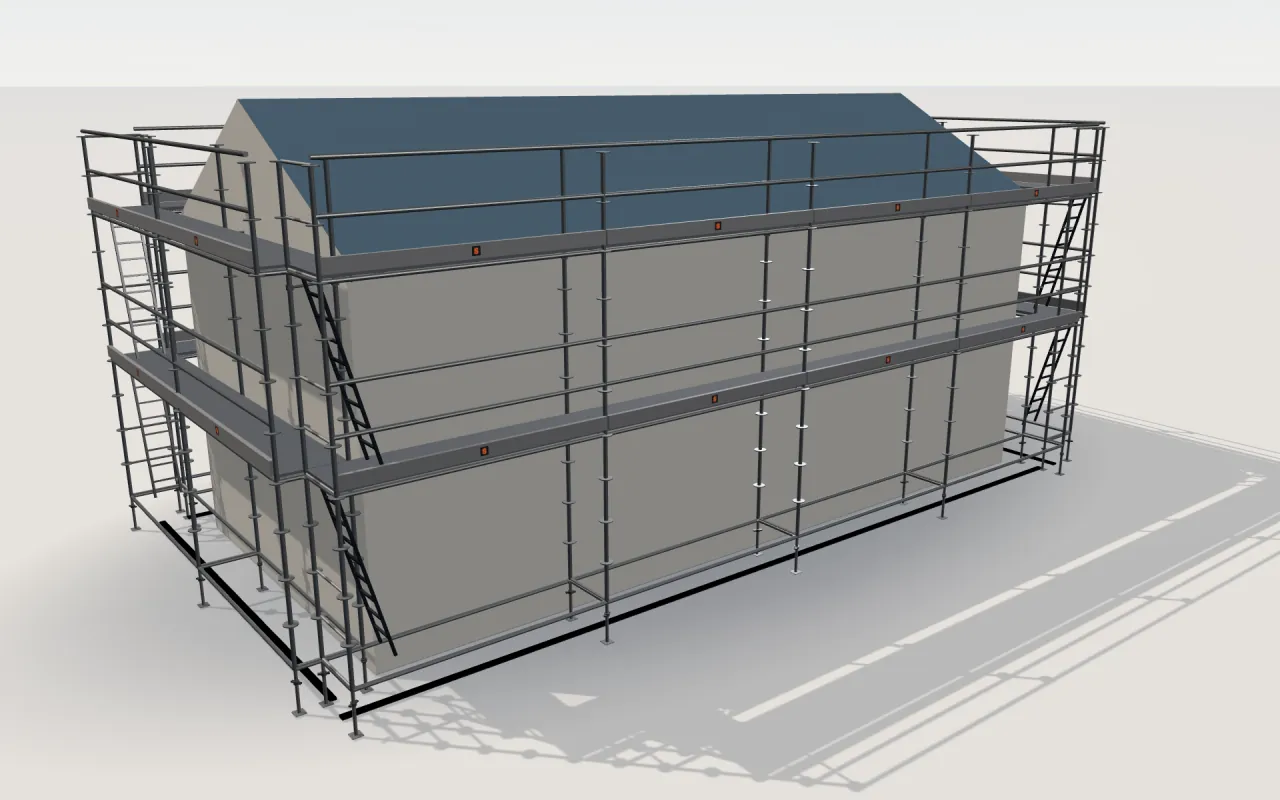 Layher Allround scaffolding around a house of 11.4 × 5.3 m with a gabled roof (eaves 4.5 m, ridge 6 m), drawn by the ScaFix 3D model
