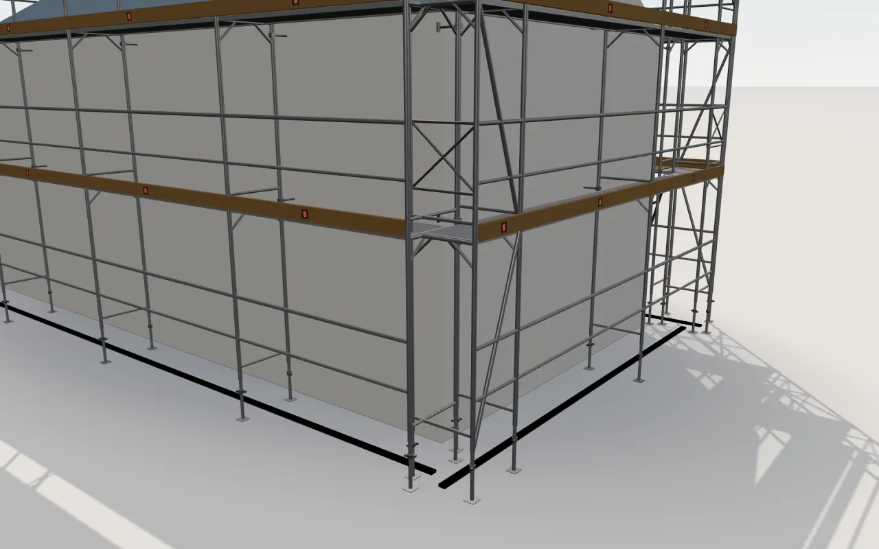 Close-up van de hoek waar de lange wand en de puntgevel samenkomen, met Layher Allround STAR 70-staanders, werkvloeren, leuningen en kantplanken in het 3D-model van ScaFix
