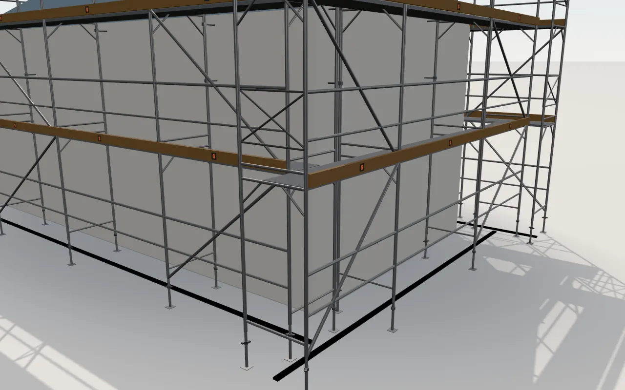 Close-up of the corner where the long wall and the gable wall meet, with ЛРСП-40 (LRSP-40) standards, decks, guardrails and toe boards in the ScaFix 3D model