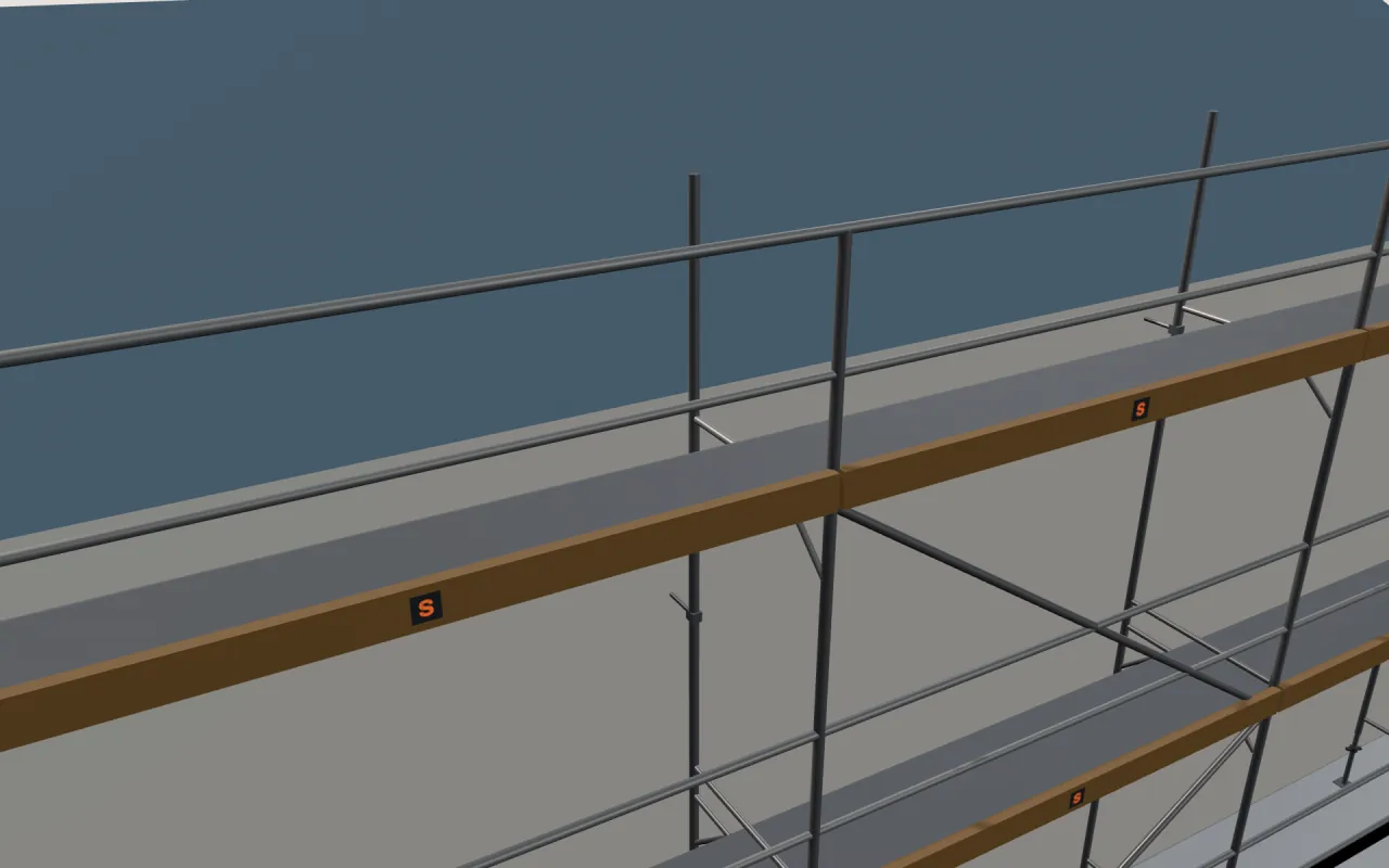Close-up of the top ЛРСП-40 (LRSP-40) lift below the eaves, with guardrails and toe boards, in the ScaFix 3D model