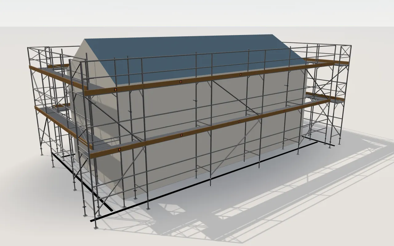 ЛРСП-40 (LRSP-40) scaffolding around a house of 11.4 × 5.3 m with a gabled roof (eaves 4.5 m, ridge 6 m), drawn by the ScaFix 3D model