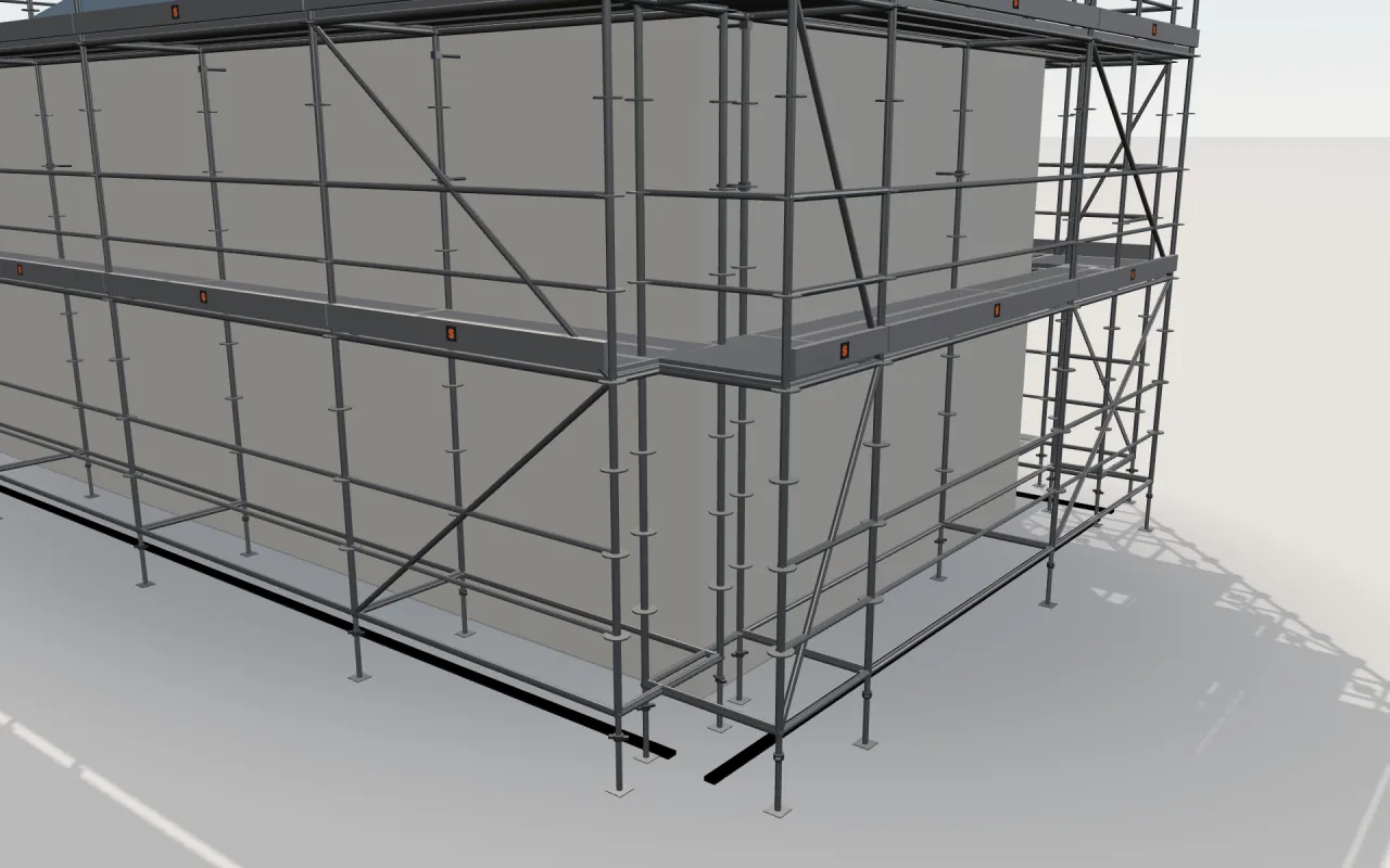 Close-up of the corner where the long wall and the gable wall meet, with ЛСК-60 (LSK-60) standards, decks, guardrails and toe boards in the ScaFix 3D model