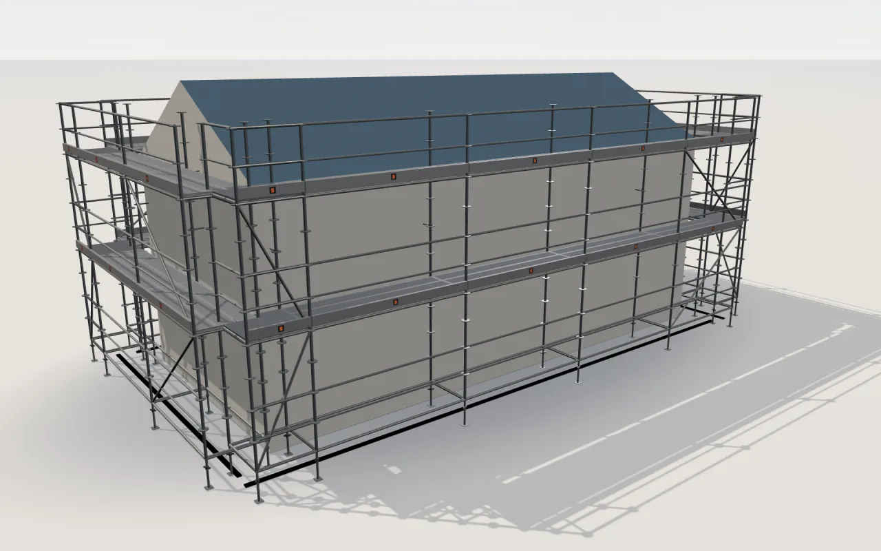 ЛСК-60 (LSK-60) scaffolding around a house of 11.4 × 5.3 m with a gabled roof (eaves 4.5 m, ridge 6 m), drawn by the ScaFix 3D model
