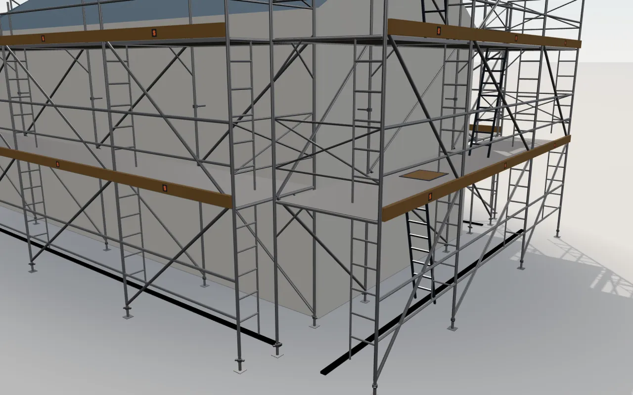 Close-up of the corner where the long wall and the gable wall meet, with Metaltech Saferstack Ladder Arch standards, decks, guardrails and toe boards in the ScaFix 3D model