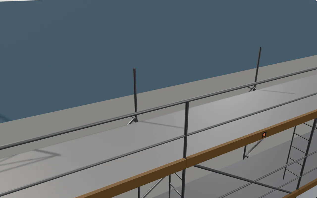 Close-up of the top Metaltech Saferstack Ladder Arch lift below the eaves, with guardrails and toe boards, in the ScaFix 3D model