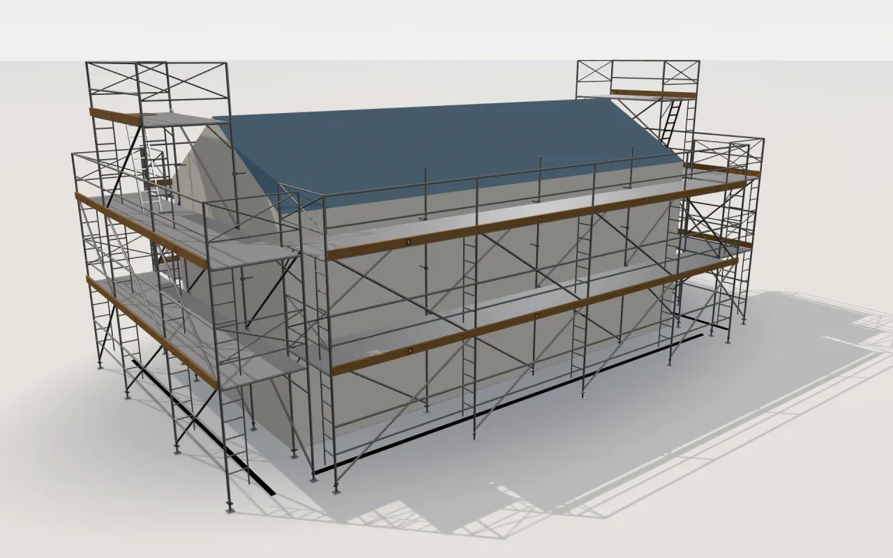 Metaltech Saferstack Ladder Arch scaffolding around a house of 11.4 × 5.3 m with a gabled roof (eaves 4.5 m, ridge 6 m), drawn by the ScaFix 3D model