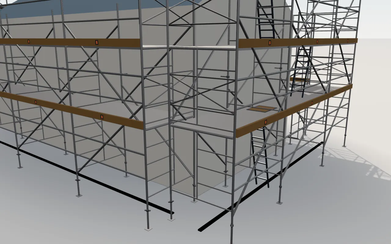 Close-up of the corner where the long wall and the gable wall meet, with Metaltech Saferstack Mason standards, decks, guardrails and toe boards in the ScaFix 3D model