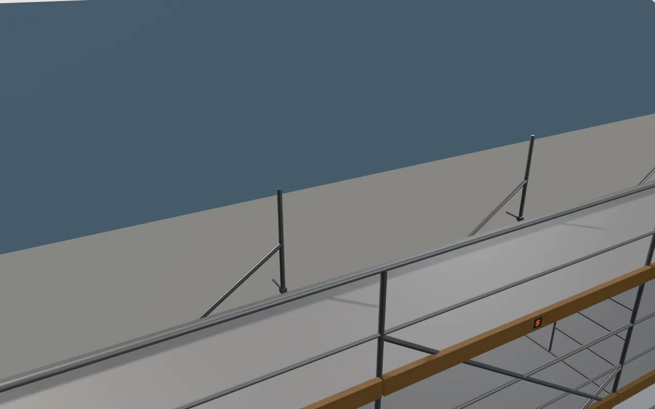 Close-up of the top Metaltech Saferstack Mason lift below the eaves, with guardrails and toe boards, in the ScaFix 3D model