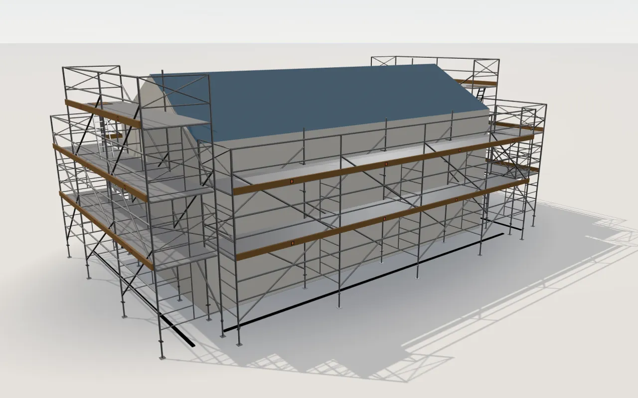 Metaltech Saferstack Mason scaffolding around a house of 11.4 × 5.3 m with a gabled roof (eaves 4.5 m, ridge 6 m), drawn by the ScaFix 3D model