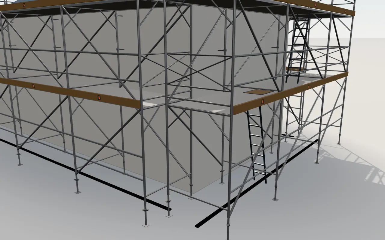 Close-up of the corner where the long wall and the gable wall meet, with Metaltech Saferstack standards, decks, guardrails and toe boards in the ScaFix 3D model
