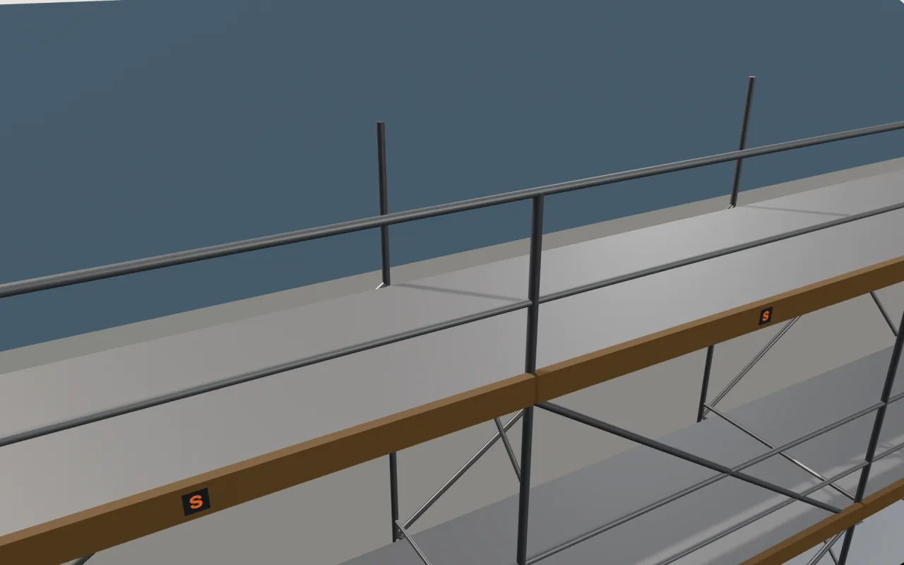 Close-up of the top Metaltech Saferstack lift below the eaves, with guardrails and toe boards, in the ScaFix 3D model