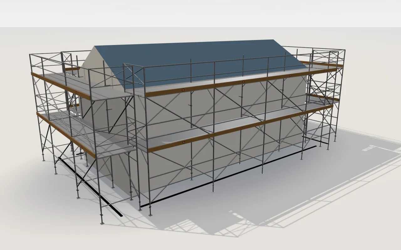 Metaltech Saferstack scaffolding around a house of 11.4 × 5.3 m with a gabled roof (eaves 4.5 m, ridge 6 m), drawn by the ScaFix 3D model