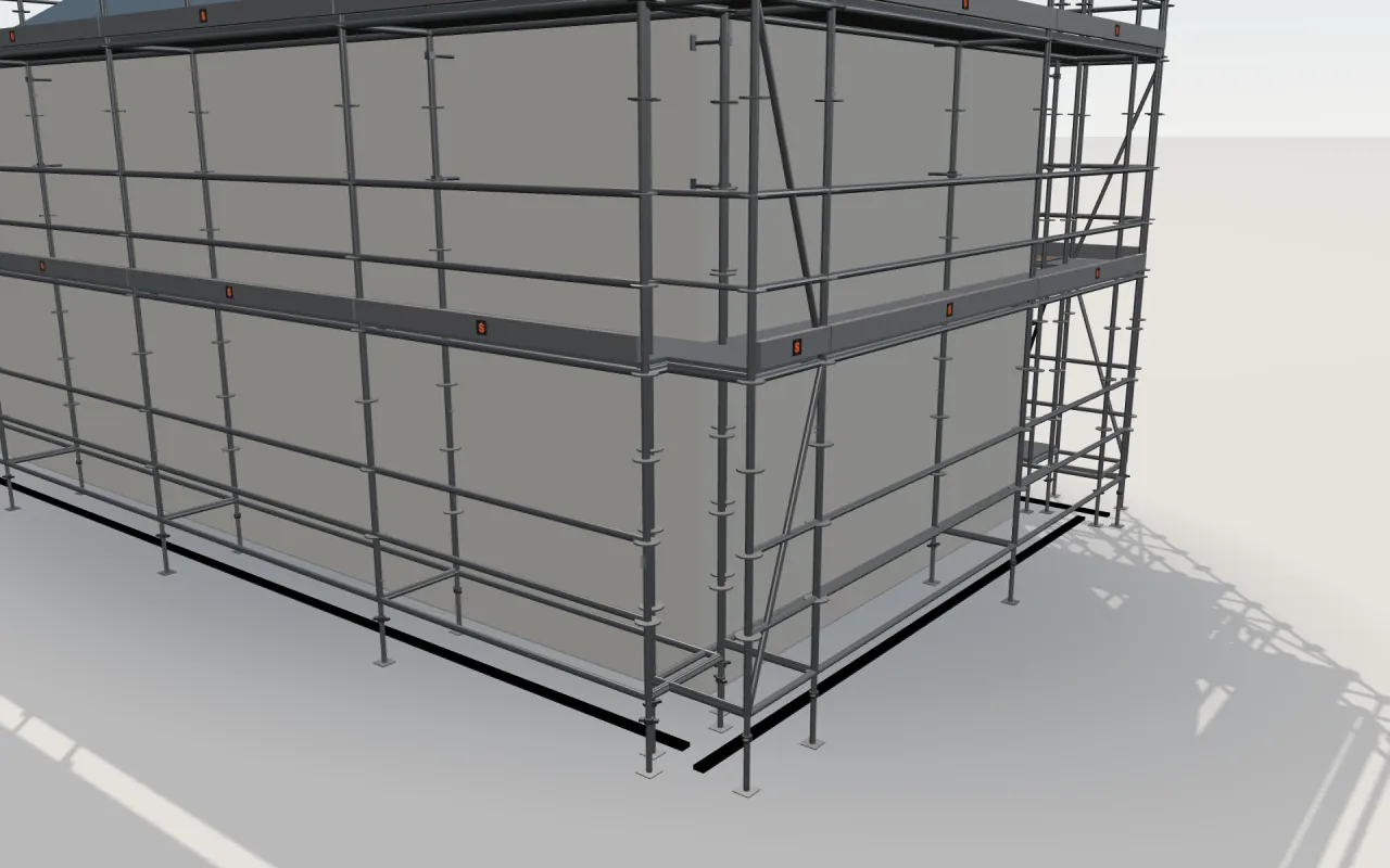 Close-up of the corner where the long wall and the gable wall meet, with MJ COMBI standards, decks, guardrails and toe boards in the ScaFix 3D model