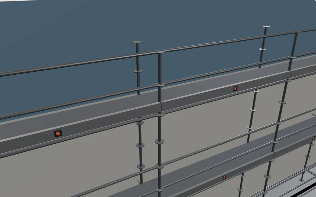 Close-up of the top MJ OPTIMA lift below the eaves, with guardrails and toe boards, in the ScaFix 3D model