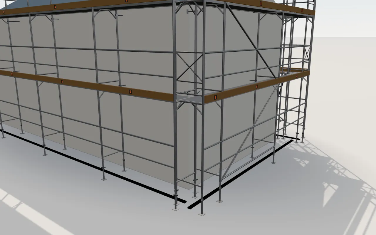 Close-up of the corner where the long wall and the gable wall meet, with MJ UNI-CONNECT standards, decks, guardrails and toe boards in the ScaFix 3D model