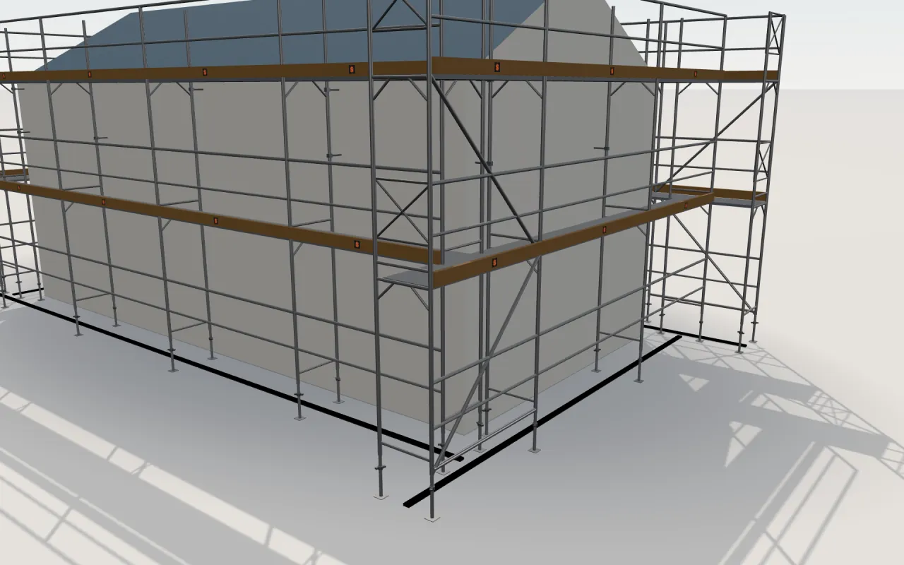 Nahaufnahme der Ecke, an der Längswand und Giebelwand zusammentreffen, mit MJ UNI 70/100-Stielen, Belägen, Geländern und Bordbrettern im 3D-Modell von ScaFix