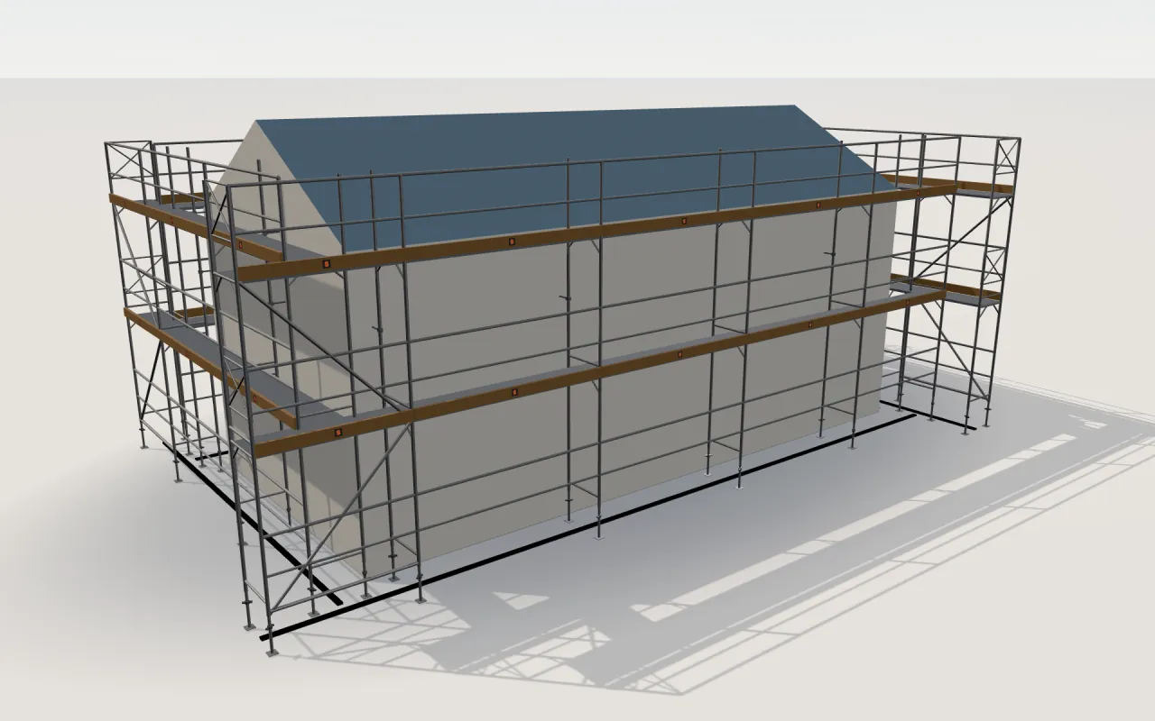MJ UNI 70/100-Gerüst um ein Haus mit 11,4 × 5,3 m und Satteldach (Traufe 4,5 m, First 6 m), gezeichnet vom 3D-Modell von ScaFix