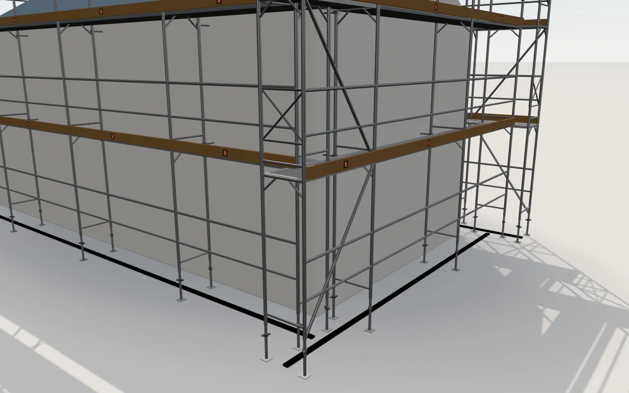 Close-up of the corner where the long wall and the gable wall meet, with MJ UNI TOP 65 standards, decks, guardrails and toe boards in the ScaFix 3D model