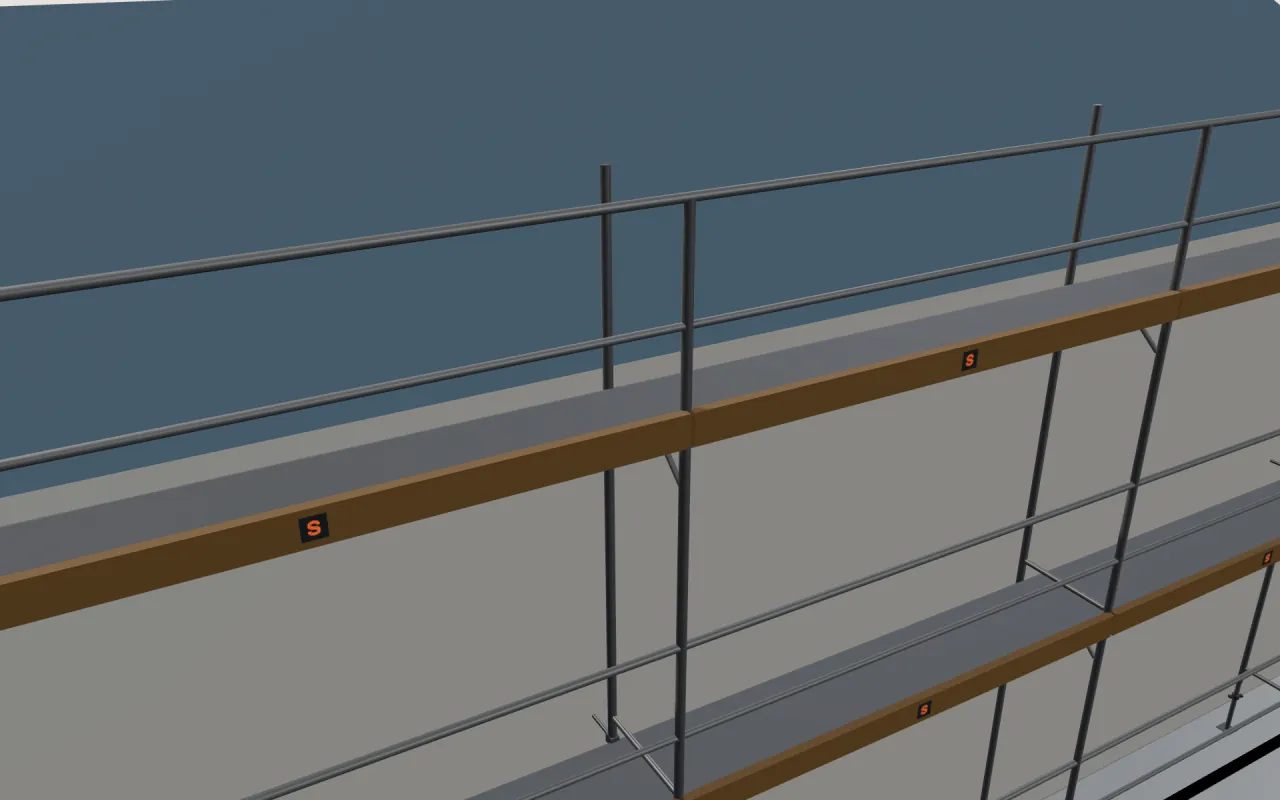 Close-up of the top MJ UNI TOP 65 lift below the eaves, with guardrails and toe boards, in the ScaFix 3D model