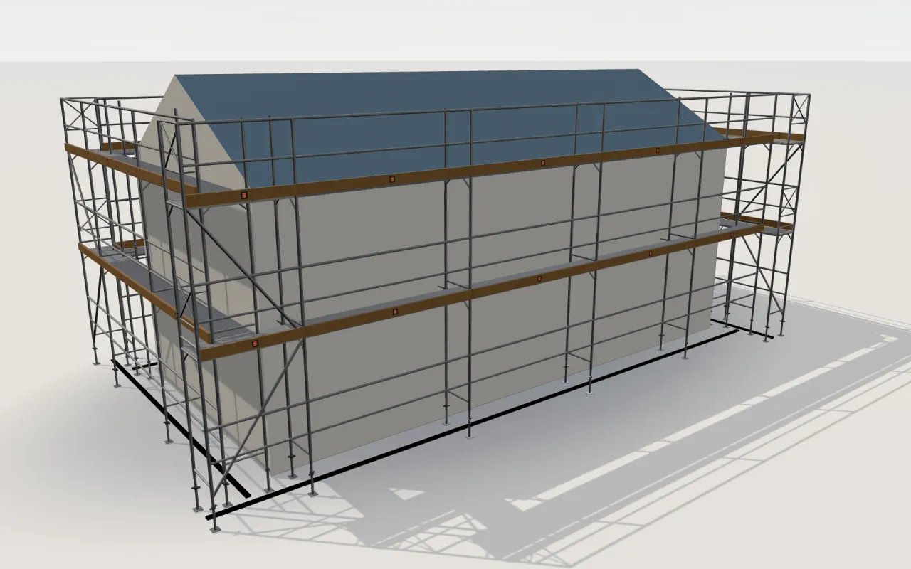 MJ UNI TOP 65 scaffolding around a house of 11.4 × 5.3 m with a gabled roof (eaves 4.5 m, ridge 6 m), drawn by the ScaFix 3D model