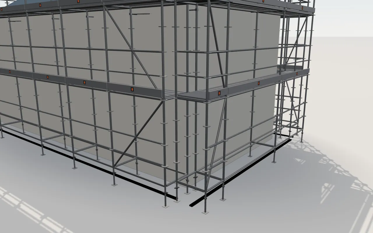 Close-up of the corner where the long wall and the gable wall meet, with Hünnebeck MODEX standards, decks, guardrails and toe boards in the ScaFix 3D model