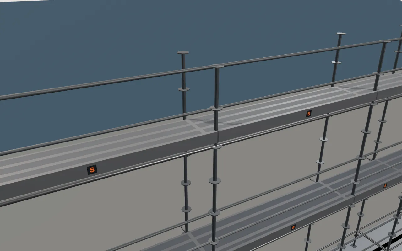 Close-up of the top Hünnebeck MODEX lift below the eaves, with guardrails and toe boards, in the ScaFix 3D model