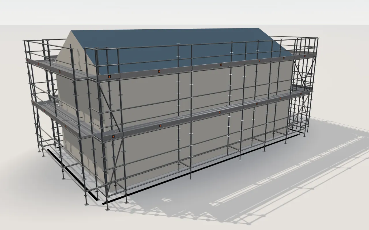 Hünnebeck MODEX scaffolding around a house of 11.4 × 5.3 m with a gabled roof (eaves 4.5 m, ridge 6 m), drawn by the ScaFix 3D model