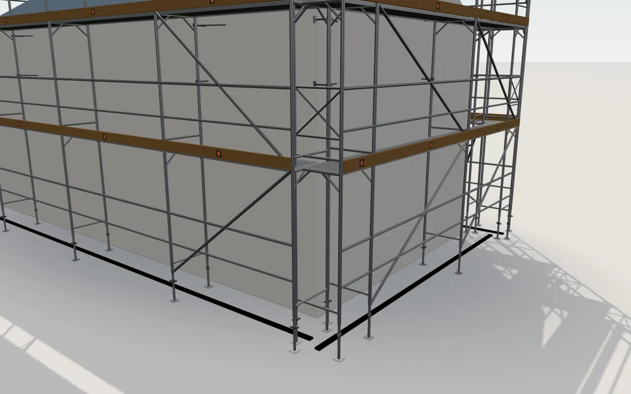 Zbliżenie narożnika, w którym spotykają się ściana podłużna i szczytowa, ze stojakami MOSTOSTAL Plus, pomostami, poręczami i krawężnikami w modelu 3D ScaFix