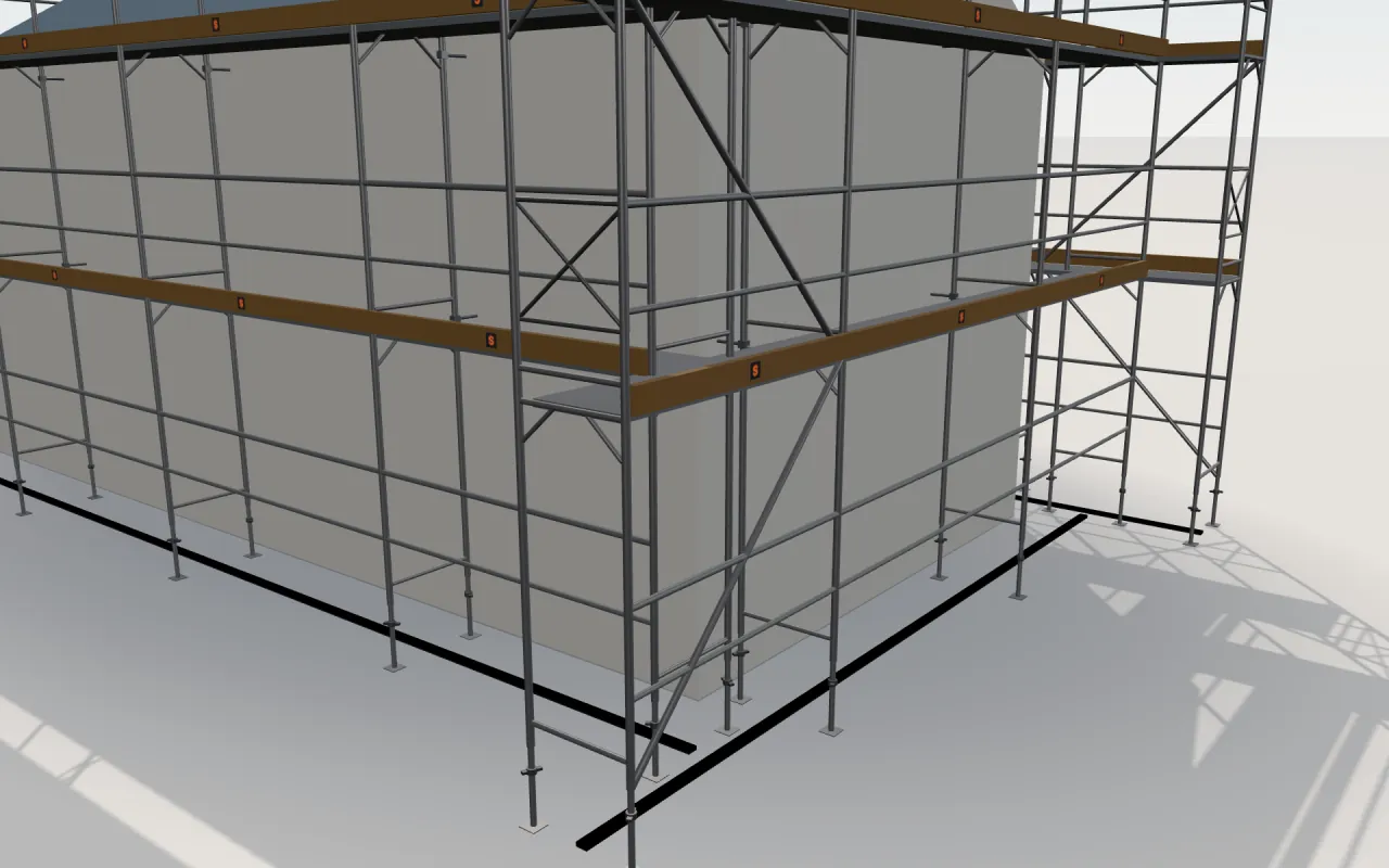 Close-up of the corner where the long wall and the gable wall meet, with Müller & Baum FIX 70S standards, decks, guardrails and toe boards in the ScaFix 3D model