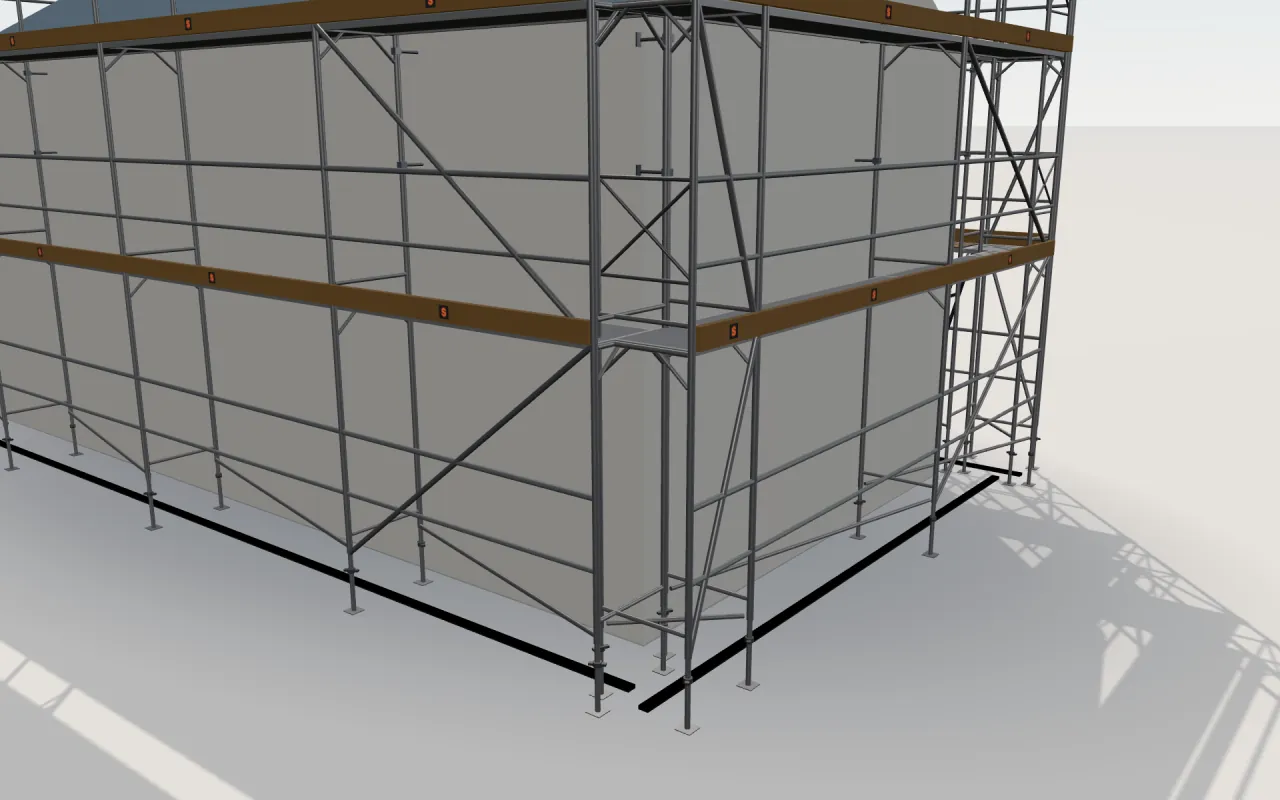 Zbliżenie narożnika, w którym spotykają się ściana podłużna i szczytowa, ze stojakami OLAN Euro+, pomostami, poręczami i krawężnikami w modelu 3D ScaFix