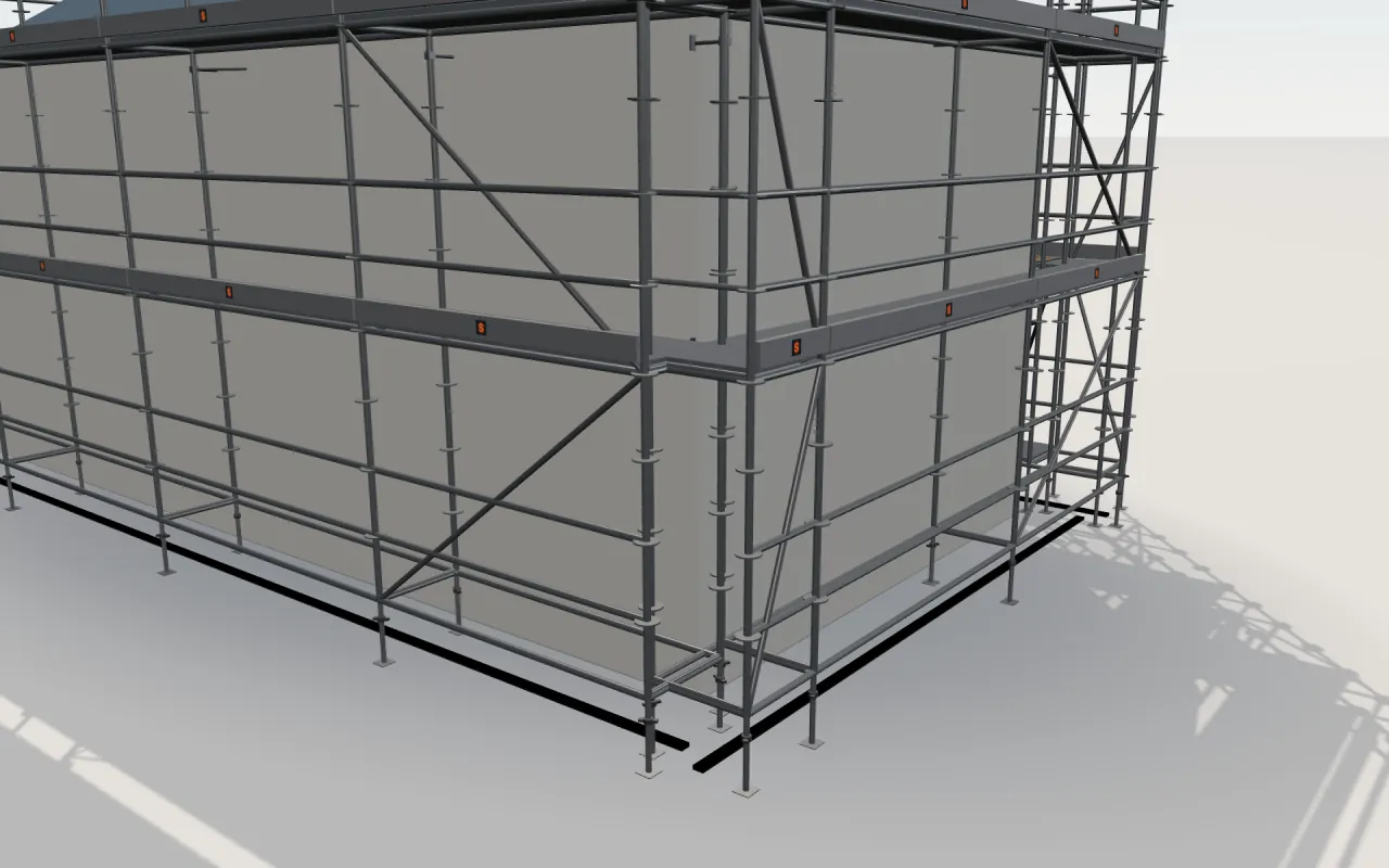 Close-up of the corner where the long wall and the gable wall meet, with OLAN R+ standards, decks, guardrails and toe boards in the ScaFix 3D model